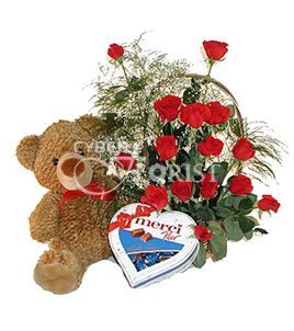 roses with teddy and chocolates